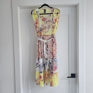 Vince Camuto Sheer Floral Midi Dress w/ Belt - Yellow Pink Watercolor - Coverup